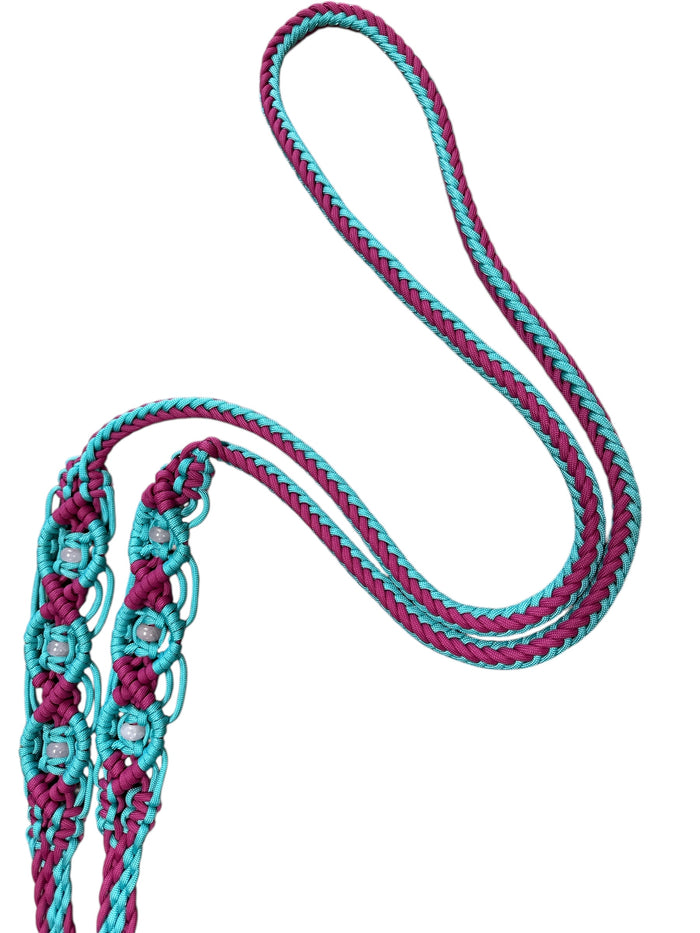 8' Fancy braided beaded fuchsia and turquoise loop reins with rose quartz.