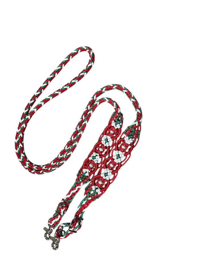 8' Fancy braided beaded red green and white loop reins with rhinestones