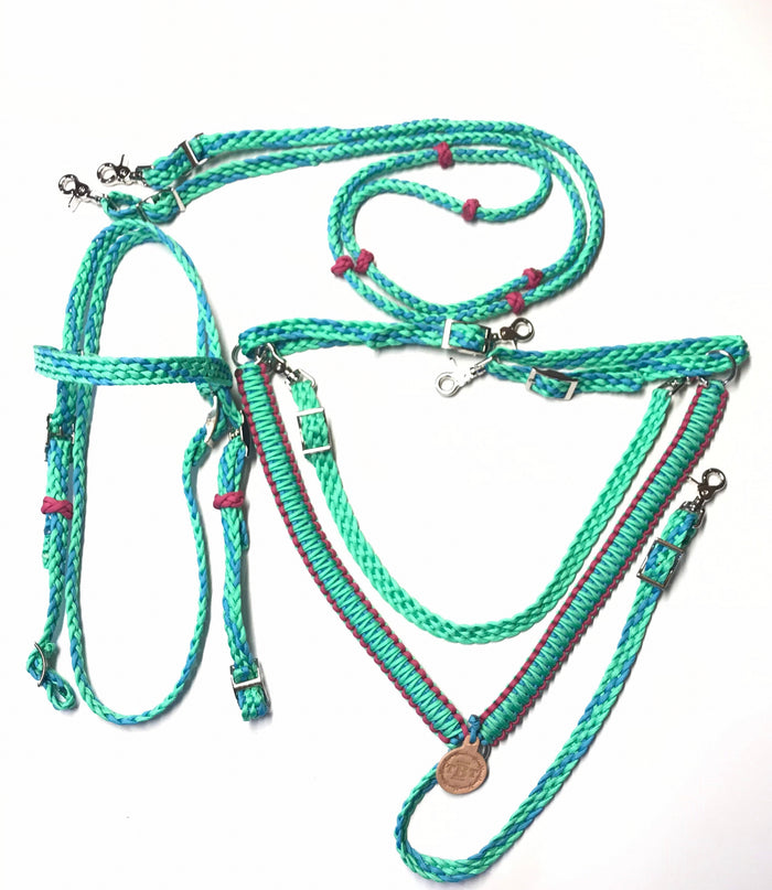 horse tack set, (breast collar, barrel reins, and browband bridle)