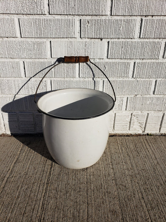 1920's White enamelware chamber pot with handle