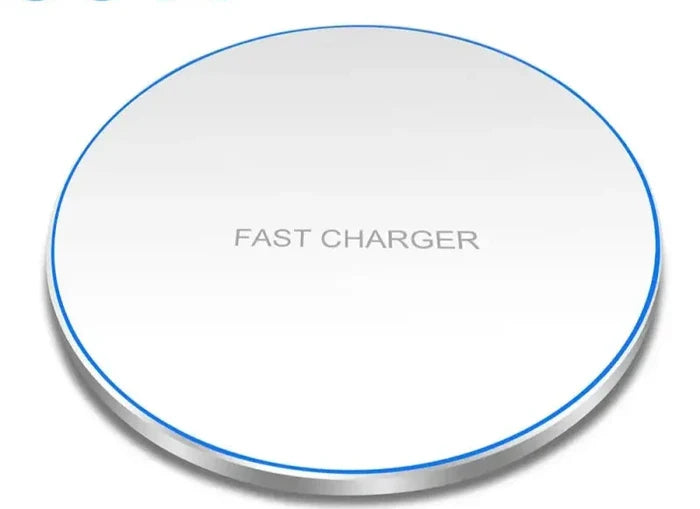 a white and blue wireless charger with the words fast charger on it