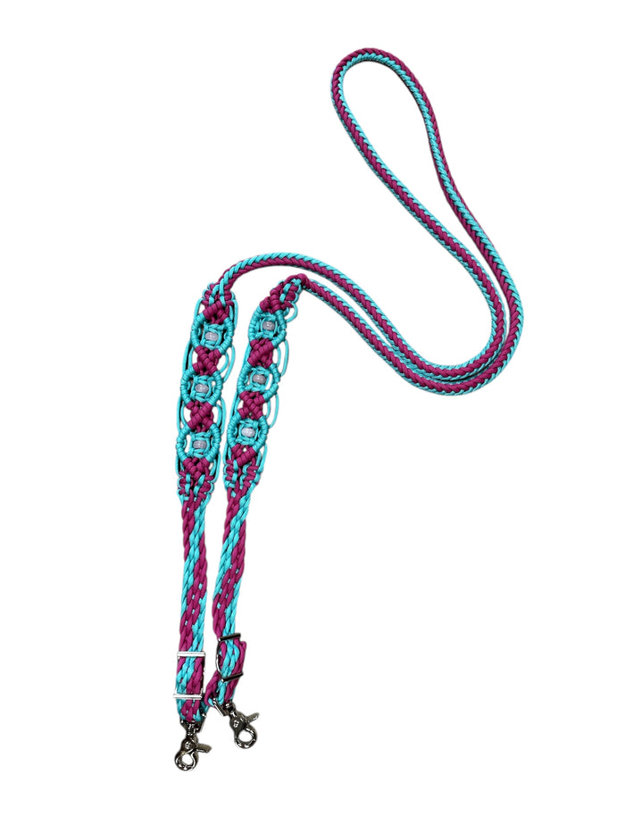 8' Fancy  braided beaded fuchsia and turquoise loop reins with rose quartz.