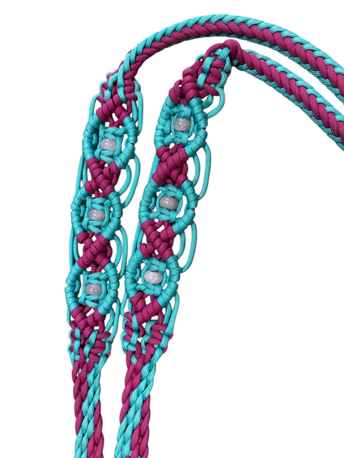 8' Fancy  braided beaded fuchsia and turquoise loop reins with rose quartz.