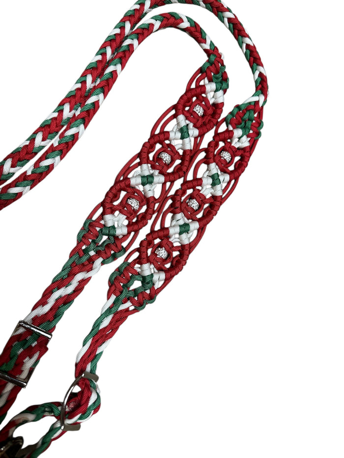 8' Fancy  braided beaded red green and white  loop reins with rhinestones