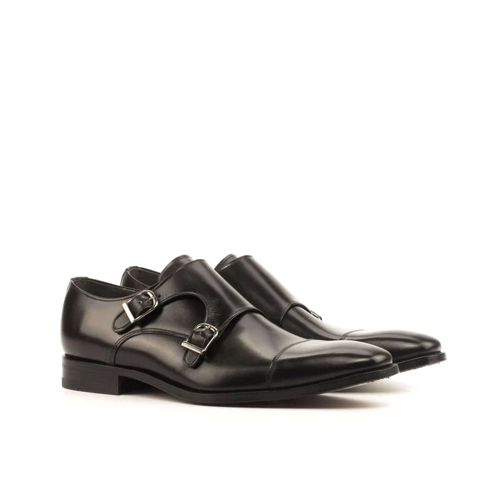 Cayton double monk black leather shoes back view