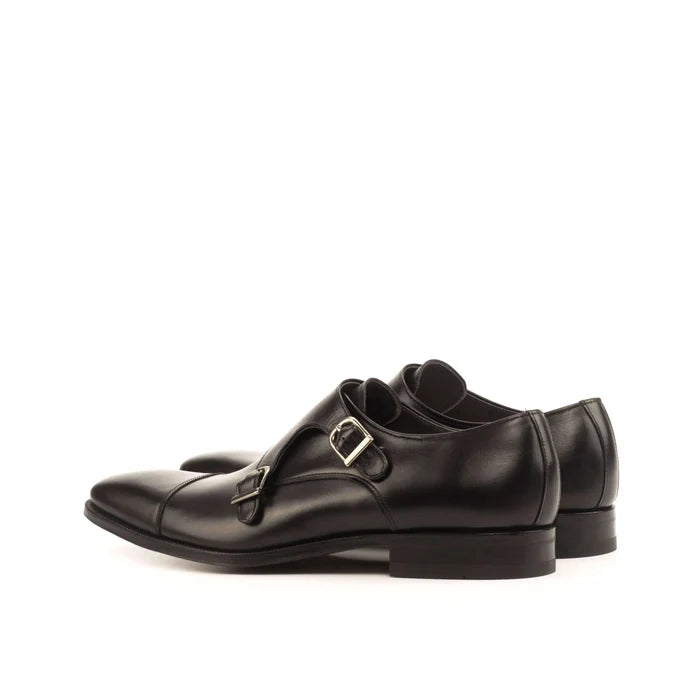 Cayton double monk black leather shoes back view