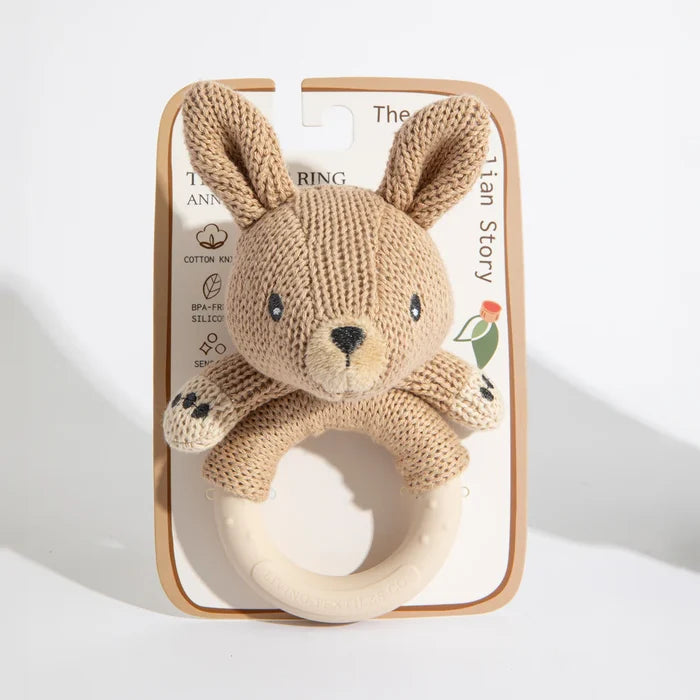 Cotton Knit Ring Rattle & Silicone Teether - Kangaroo
