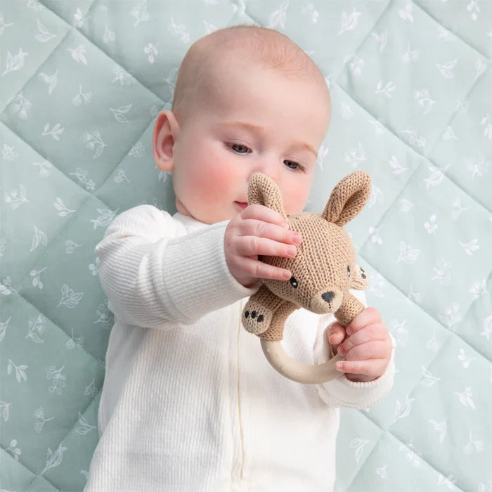 Cotton Knit Ring Rattle & Silicone Teether - Kangaroo