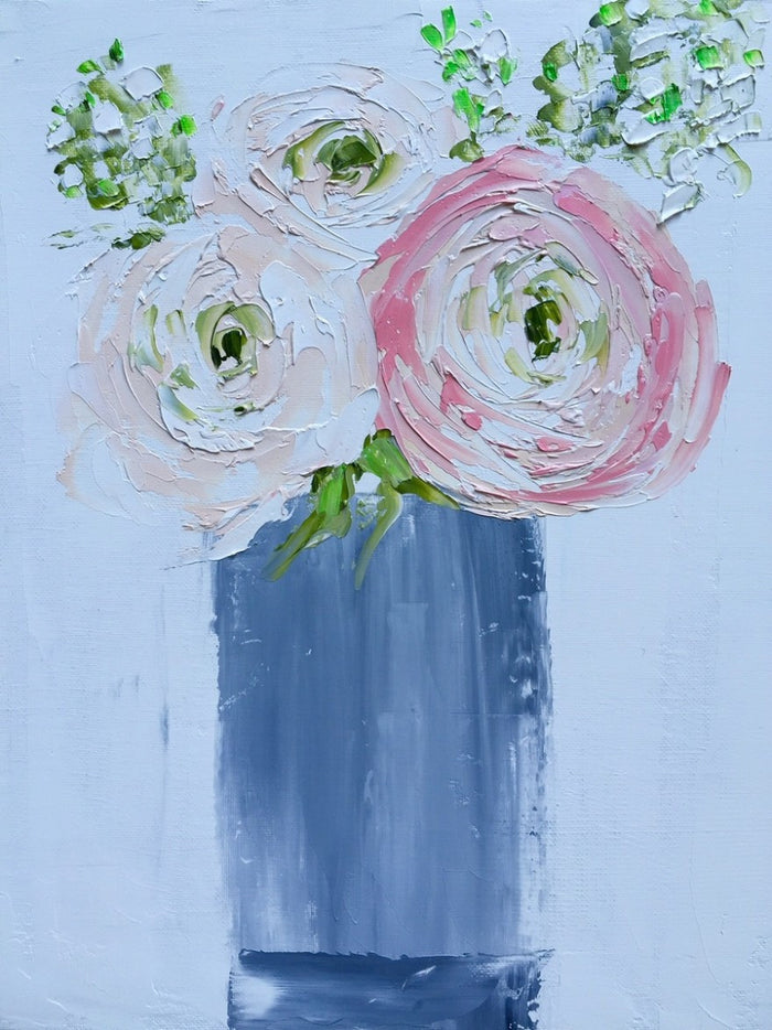 Cream Peonies in Gray Vase painting Emma Bell - Christenberry Collection