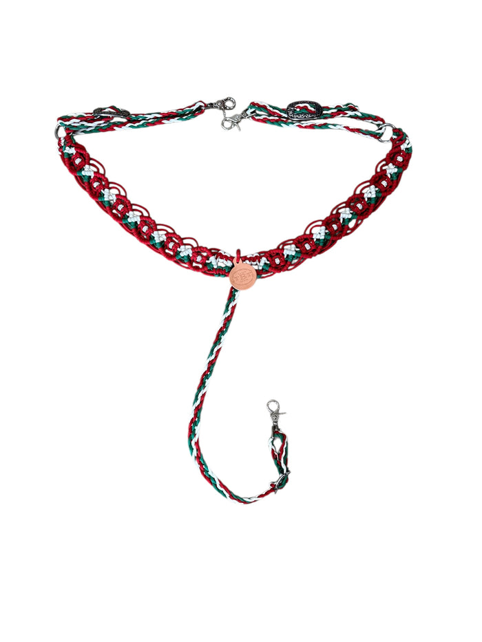 fancy macrame  breast collar red white and green with rhinestones