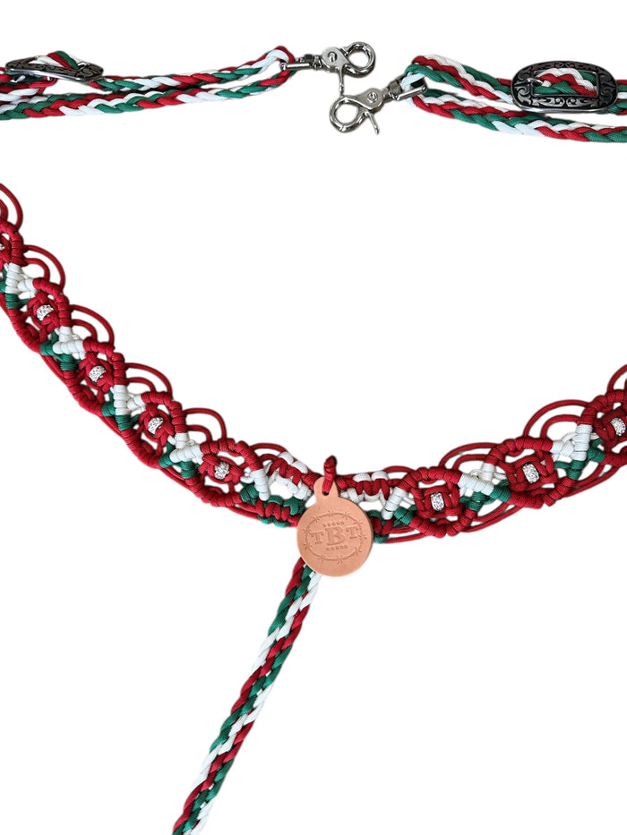 fancy macrame  breast collar red white and green with rhinestones