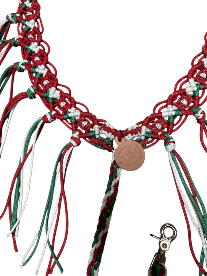 fancy macrame  fringe breast collar red green and white with rhinestones