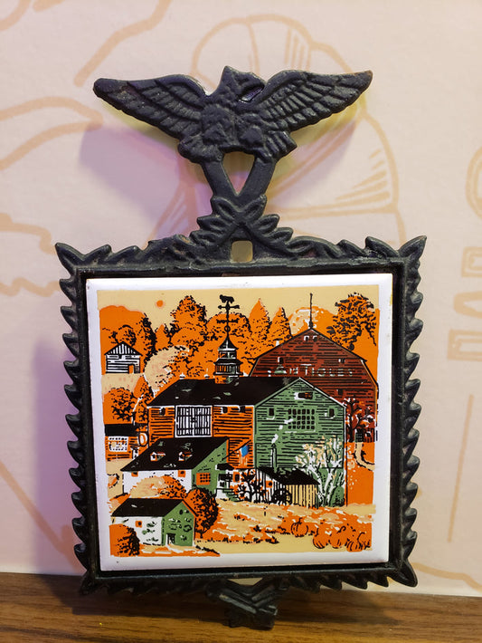 Farm Scene Cast Iron Trivet with Porcelain Tile