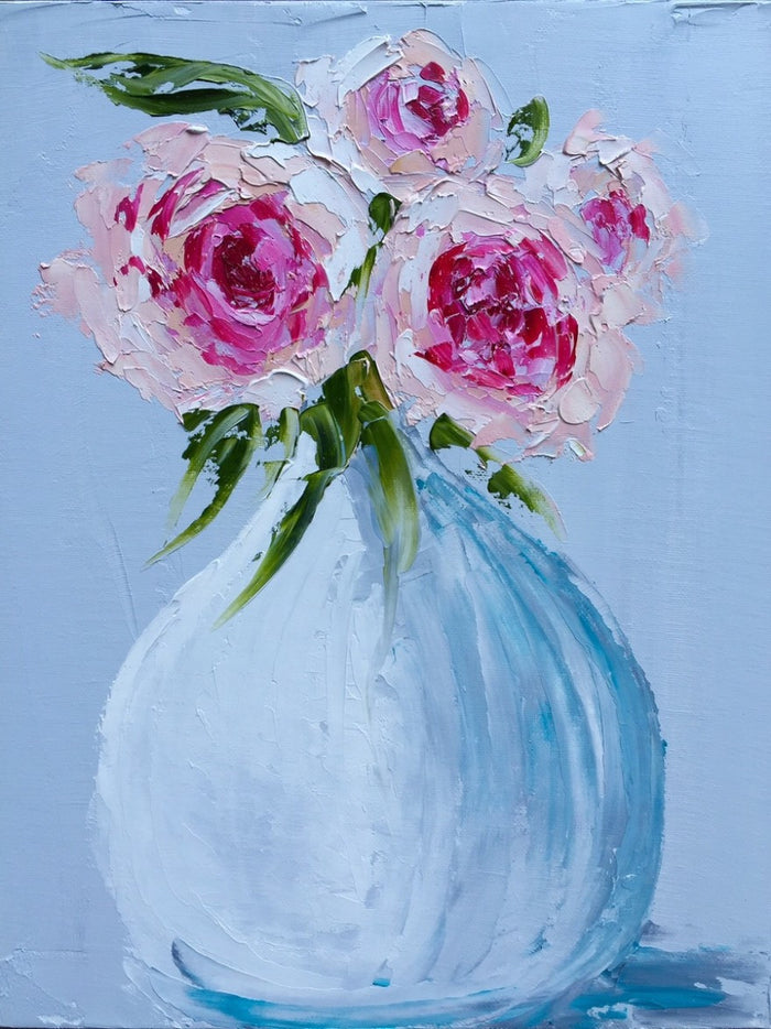 Four Peonies in White Vase painting Emma Bell - Christenberry Collection