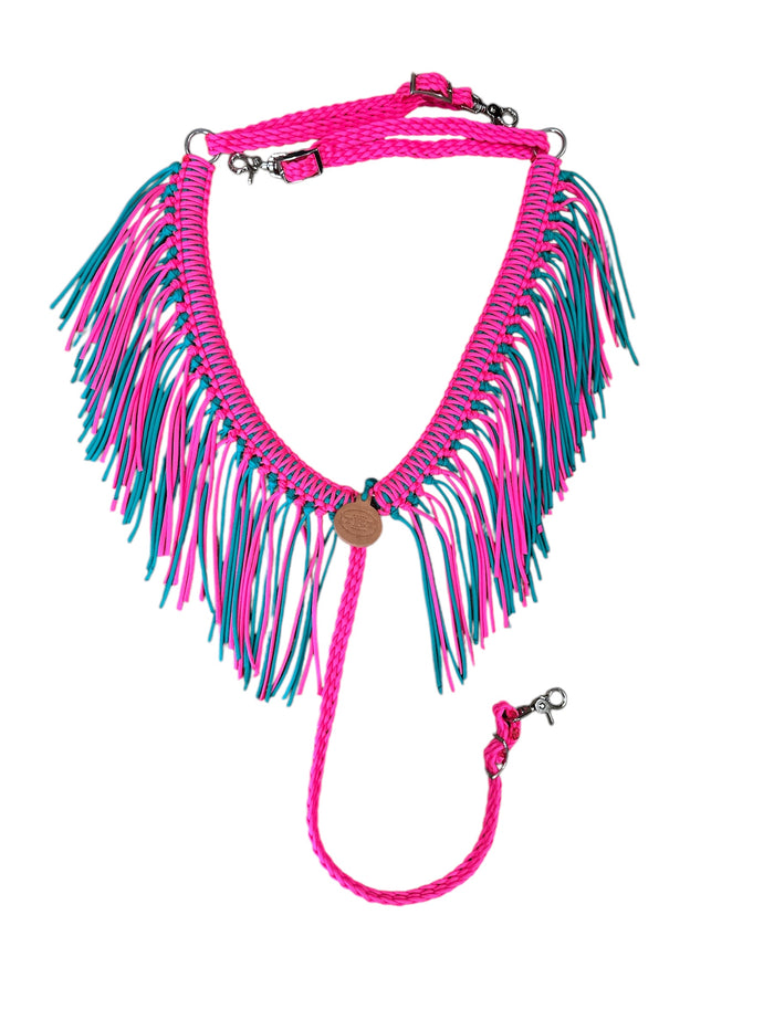 fringe breast collar hot pink and green turquoise