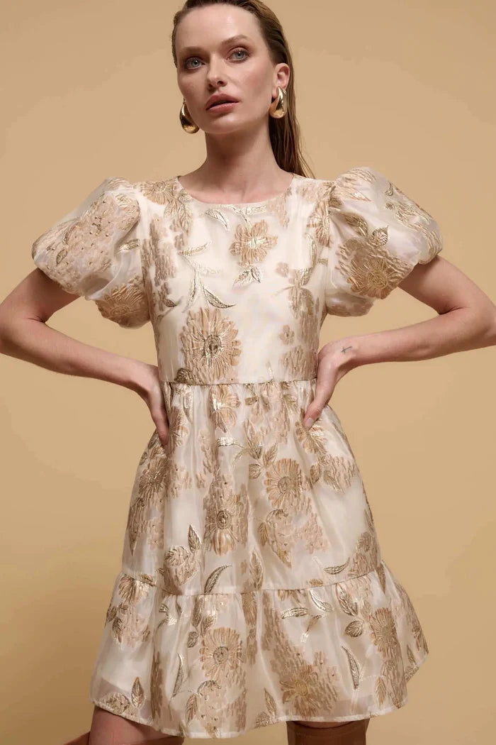 Golden Grove Metallic Floral Brocade Mini Dress - ShopPromesa