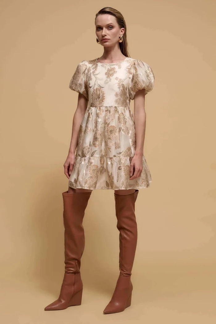 Golden Grove Metallic Floral Brocade Mini Dress - ShopPromesa