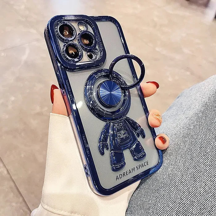 a woman holding a phone case with a blue phone