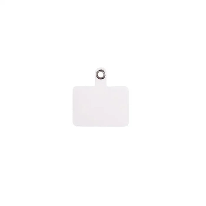 a white tag with a metal ring