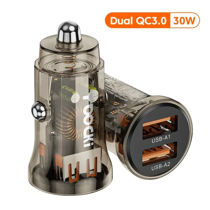 there is a silver car charger with a usb port