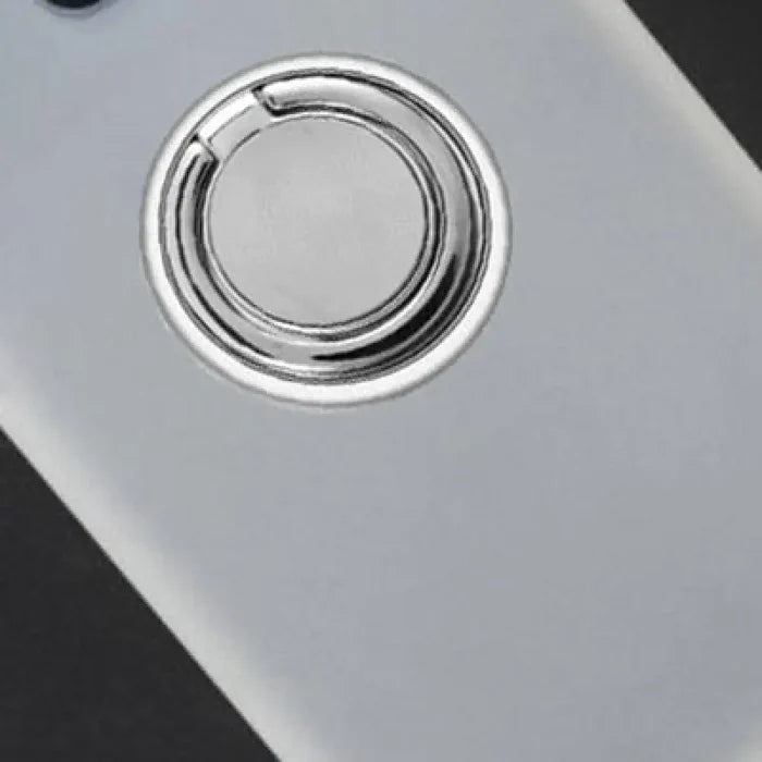 a white phone with a metal ring on the back