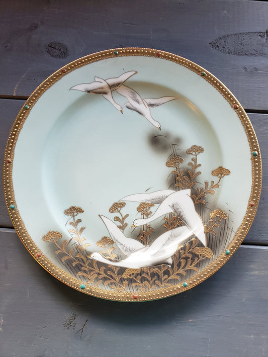 White Geese hand painted Nippon plate Golden jeweled rim